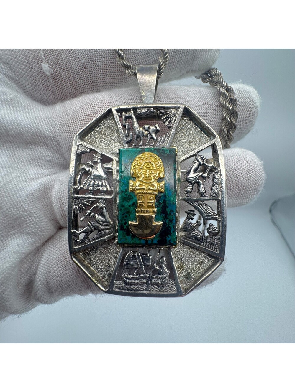 Sterling Silver, 18K Gold, Azurite Peruvian Necklace and Pendant - Picture 3 of 6